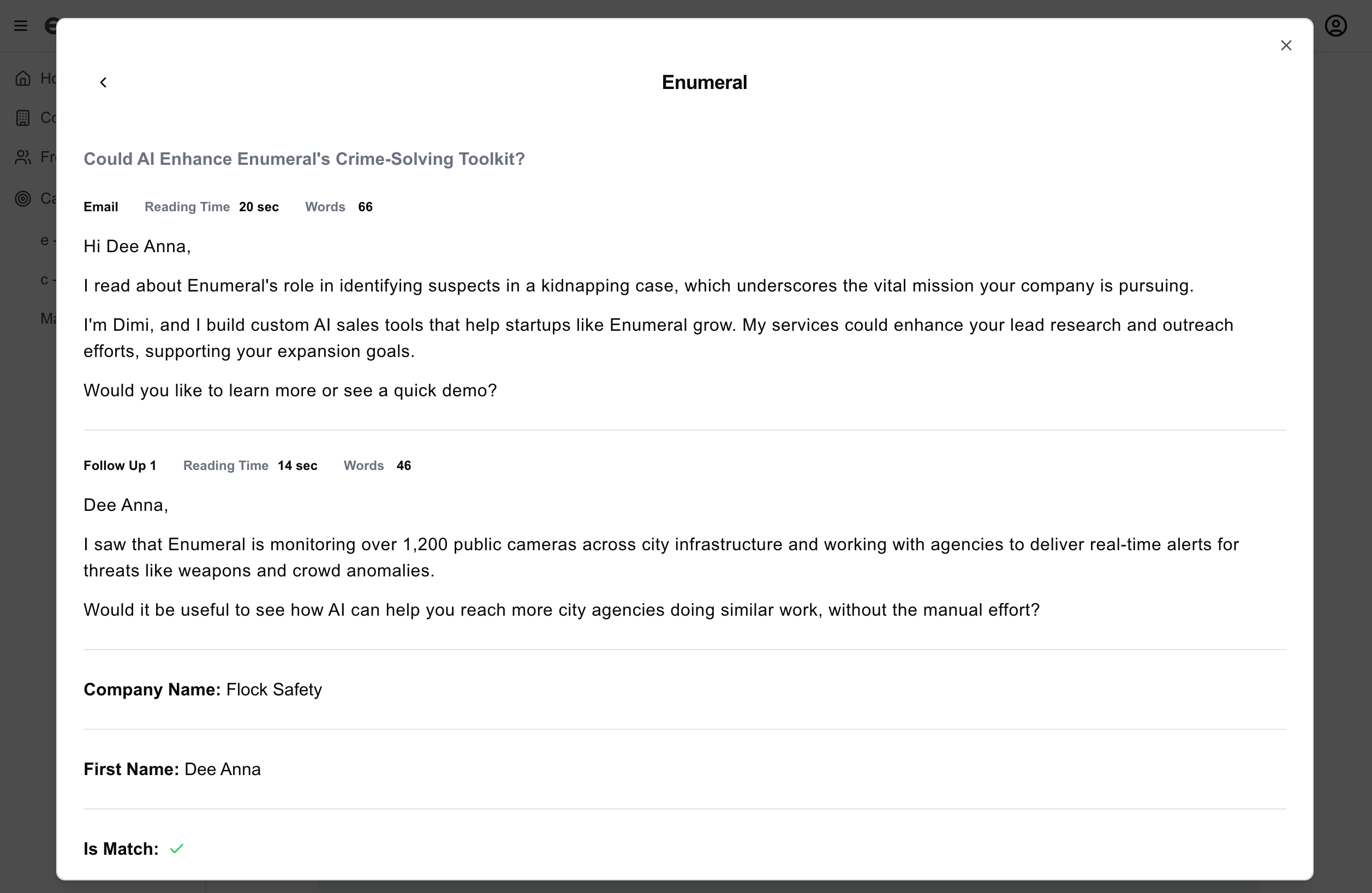 Screenshot of the AI sales assistant interface