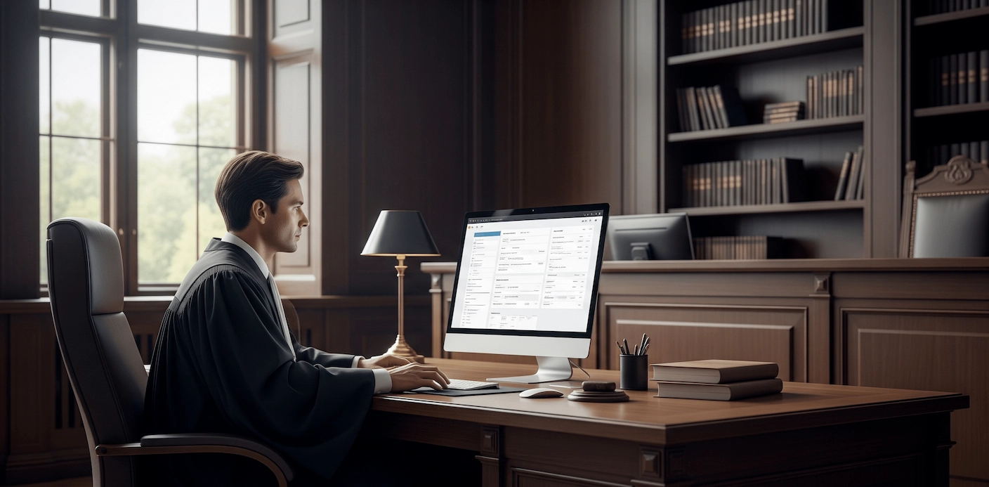 Judge working at a computer in a legal office