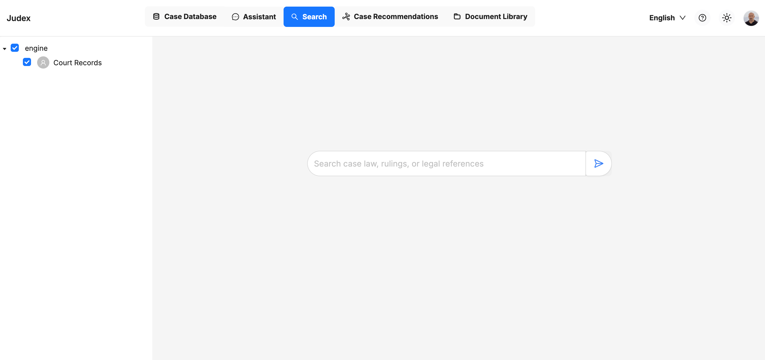 Screenshot of the Judex interface showing a legal AI search system with case database, assistant, and document library navigation